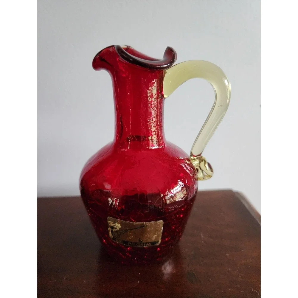 Vtg Pilgrim Handmade Crackle Ruby Red‎ Glass Gold Handled Pitcher Vase Sticker